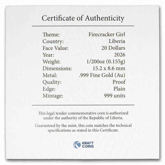 2026 Liberia 1/200 oz Gold Firecracker Girl Coin Bar