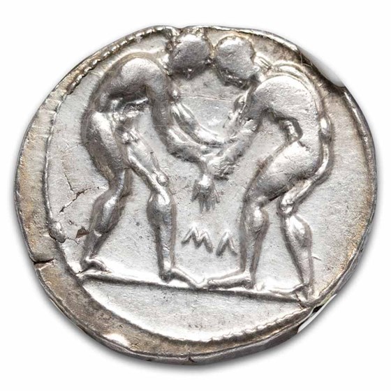 Pamphylia Aspendus AR Stater Wrestlers (380-325 BC) Ch XF NGC