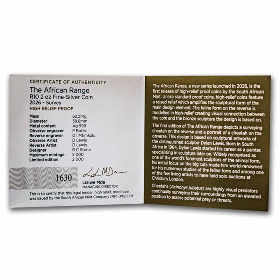 2026 South Africa 2 oz Silver The African Range: Cheetah Survey