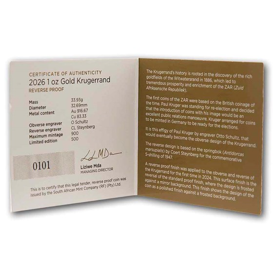 2026 South Africa 1 oz Reverse Proof Gold Krugerrand (Box &amp; COA)