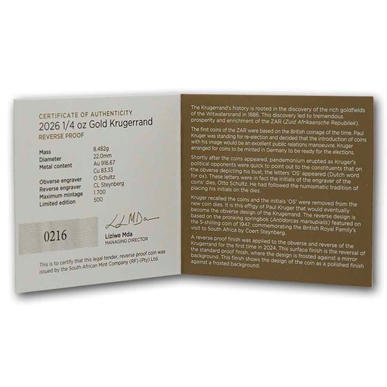2026 South Africa 1/4 oz Reverse Proof Gold Krugerrand