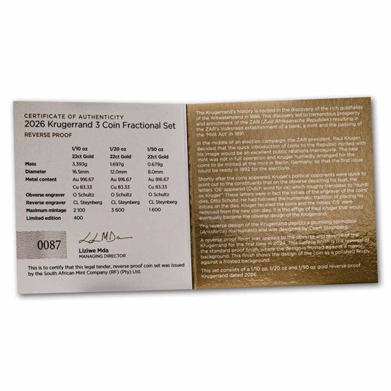 2026 South Africa 3-coin Gold Krugerrand Fractional Reverse Set