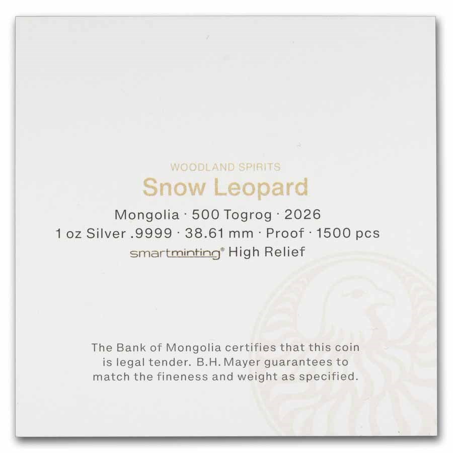 2026 Mongolia 1 oz Silver Woodland Spirits: Snow Leopard (w/ COA)