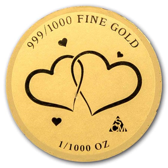 1/1000 oz Gold Round - Two Hearts Wedding (In Assay)