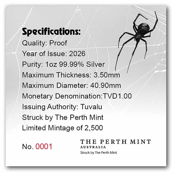 2026 Tuvalu 1 oz Silver Colorized Red-Back Spider Proof (Box)