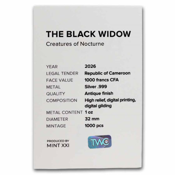 2026 Cameroon 1 oz Silver Creatures of Nocturne: The Black Widow