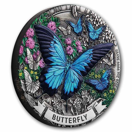 2026 AUS 2 oz Silver Colorized &amp; Antiqued Butterfly (Box)
