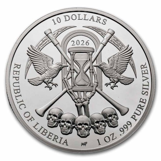 2026 Liberia 1 oz Silver The Grim Reaper: Revolver (Blister Pack)
