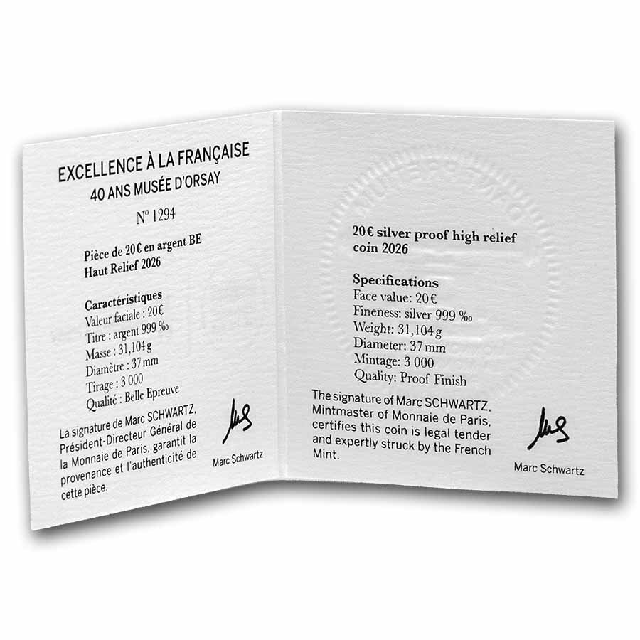2026 1 oz Proof Silver €20 Excellence Series (Musée d'Orsay)