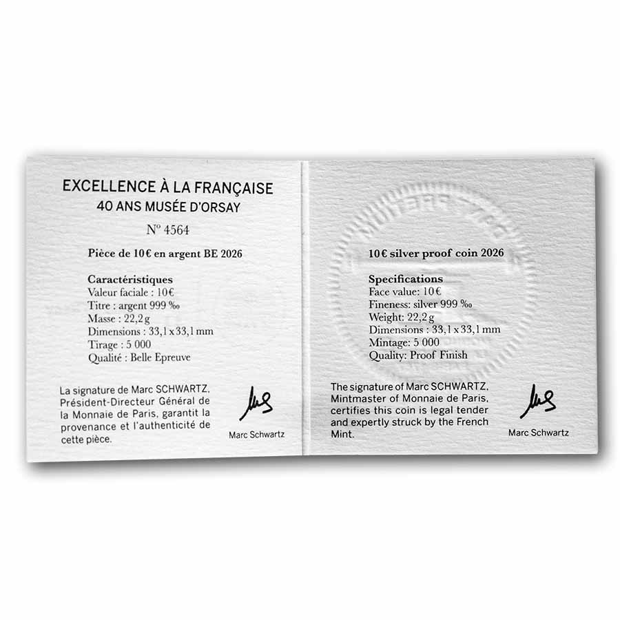 2026 France €10 Ag Proof Excellence Series (Musée d'Orsay Shape)