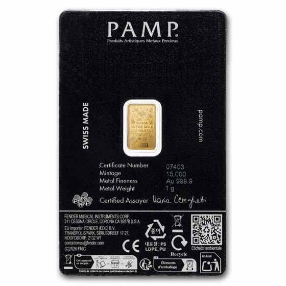 1 gram Gold Bar - PAMP Fender 80th Anniversary