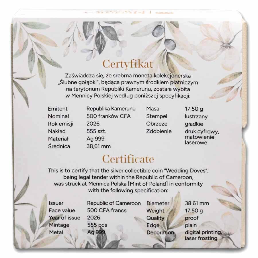 2026 Cameroon Silver Proof Wedding Doves Coin (With Box and COA)