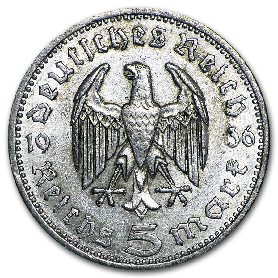 Germany Silver 5 Reichsmark Hindenburg (1935-1936) Avg Circ