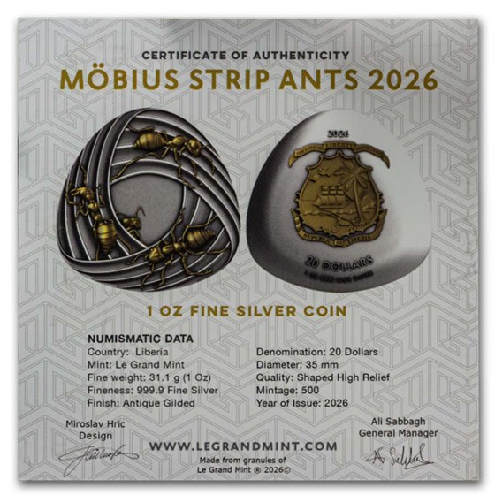 2026 Liberia 1 oz Silver Möbius Strip Ants Shaped Coin
