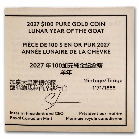 2027 Canada Gold $100 Year of the Goat Proof (Box/COA)
