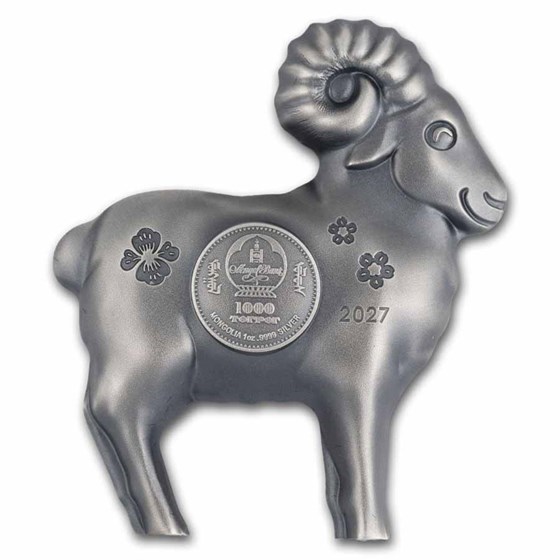 2027 Mongolia 1 oz Silver Antique Lunar Sheep Shaped Coin