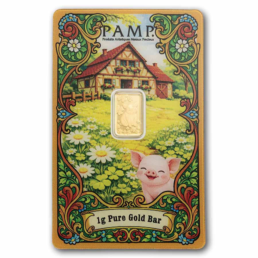 1 gram Gold Bar - PAMP Suisse Lucky Pig (In Assay w/ Sleeve)