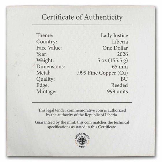 2026 Liberia 5 oz Copper Lady Justice (with COA)