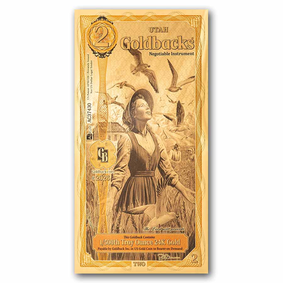 2 Utah Goldback - Aurum Gold Foil Note 24k (New)