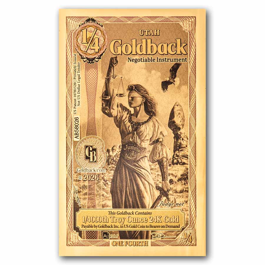 1/4 Utah Goldback - Aurum Gold Foil Note 24k (New)