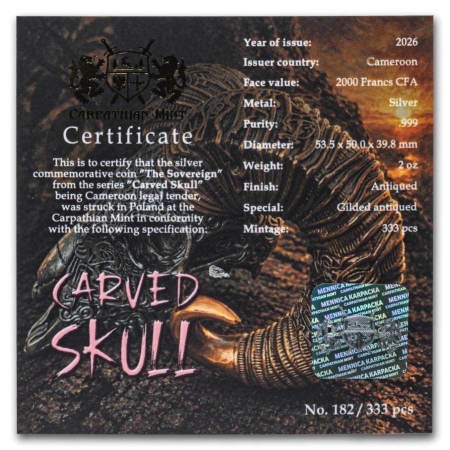 2026 Cameroon 2 oz Silver Carved Skull: The Sovereign 3D Coin
