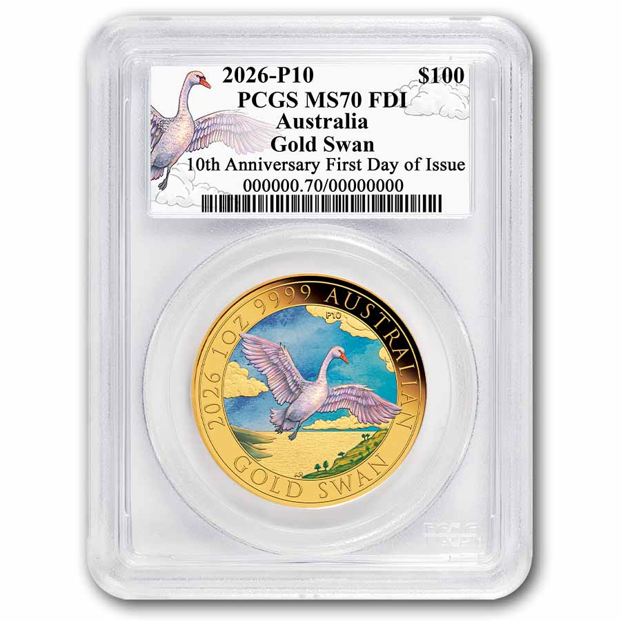 2026 AUS 1 oz Gold 10th Anniversary Colorized Swan PCGS MS-70 FDI