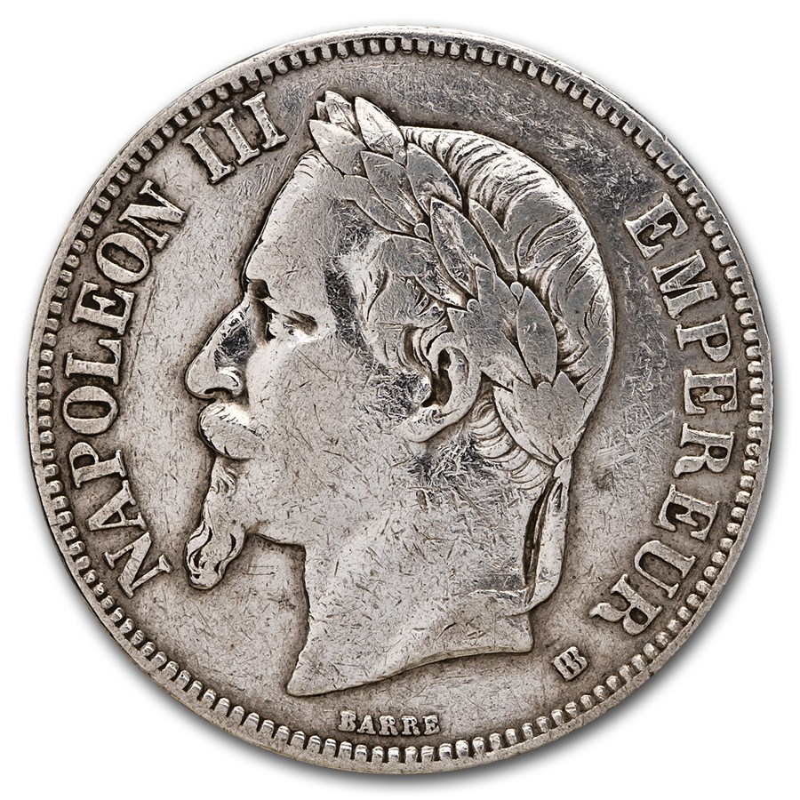 1866-1870 France Silver 5 Francs Napoleon III Avg Circ