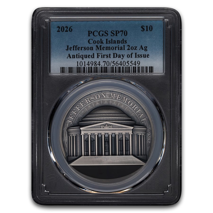 2026 Cook Isl 2 oz Ag Antique Jefferson Memorial SP-70 PCGS FDI 2026 Cook Isl 2 oz Ag Antique Jefferson Memorial SP-70 PCGS FDI