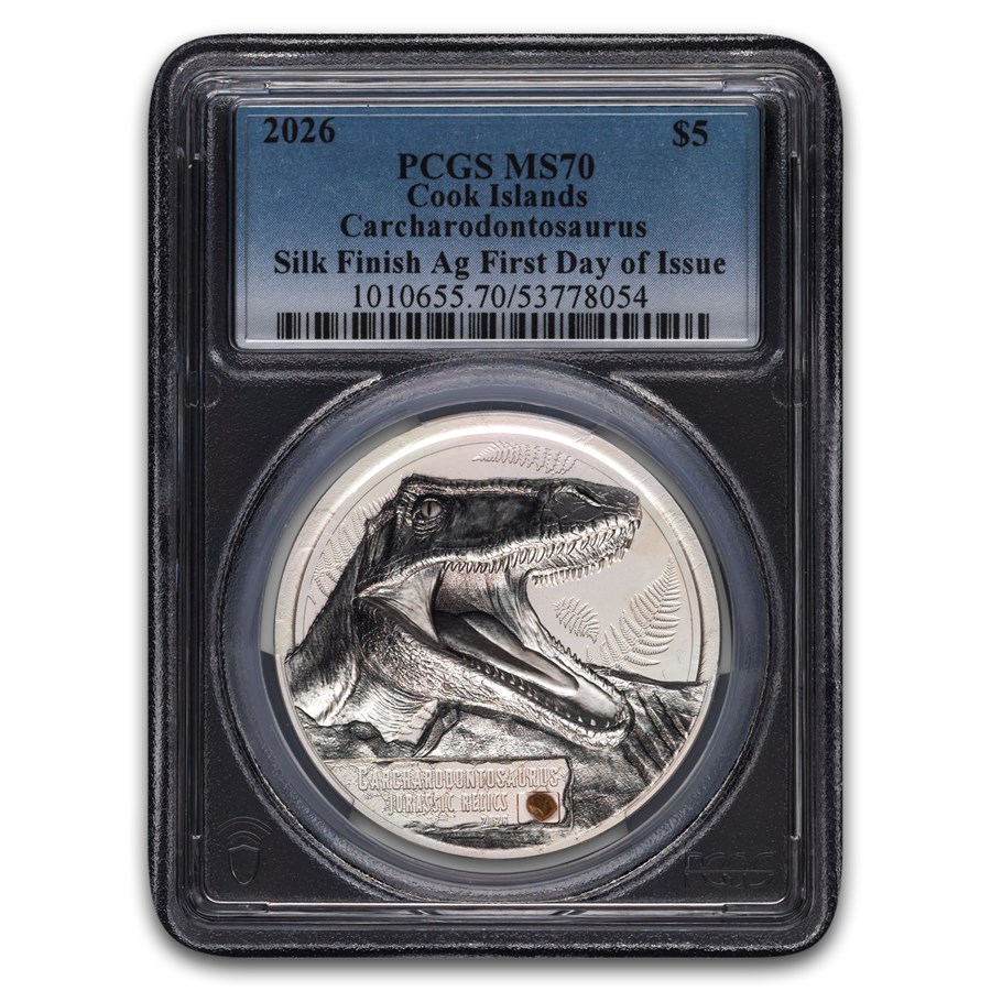 2026 Cook Isl 1 oz Silver Carcharodontosaurus PCGS MS-70 PCGS FDI 2026 Cook Isl 1 oz Silver Carcharodontosaurus PCGS MS-70 PCGS FDI