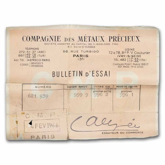1 kilo Gold Bar - 1966 Métaux Précieux (Paris, w/ COA, #621939)