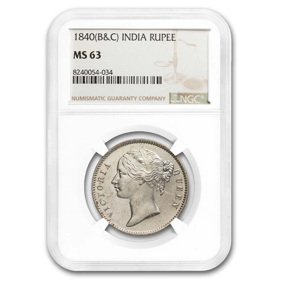 1840 (B&C) British India Silver Rupee Victoria MS-63 NGC