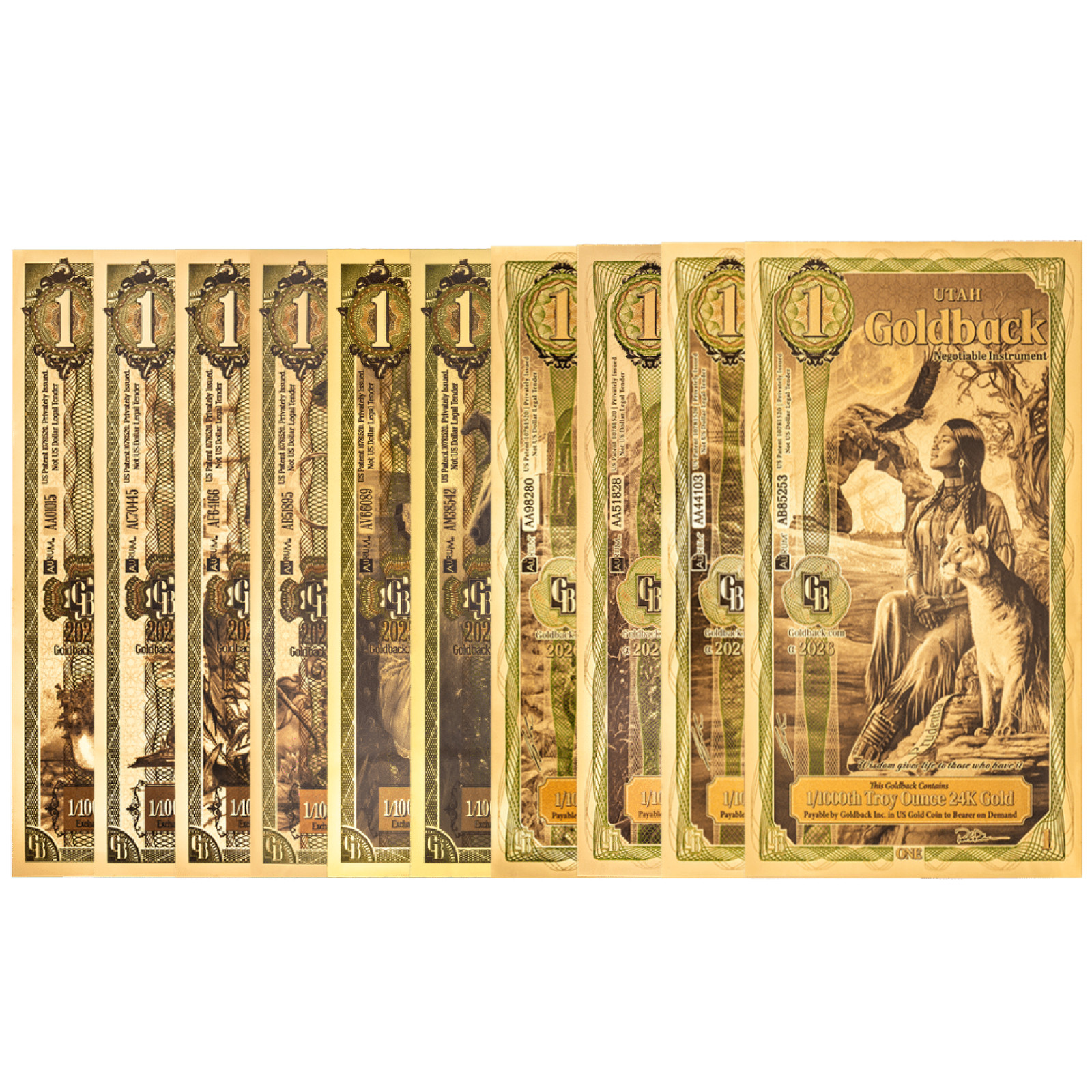 1 Goldback 10-Note Set- UT, NV, NH, WY, SD, FL, OK, AZ, ID, CA