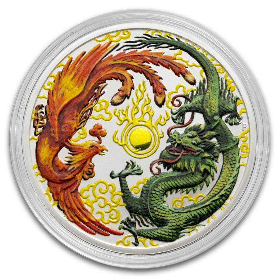 2017 Australia 1 oz Silver Dragon & Phoenix BU - Colored & Gilded