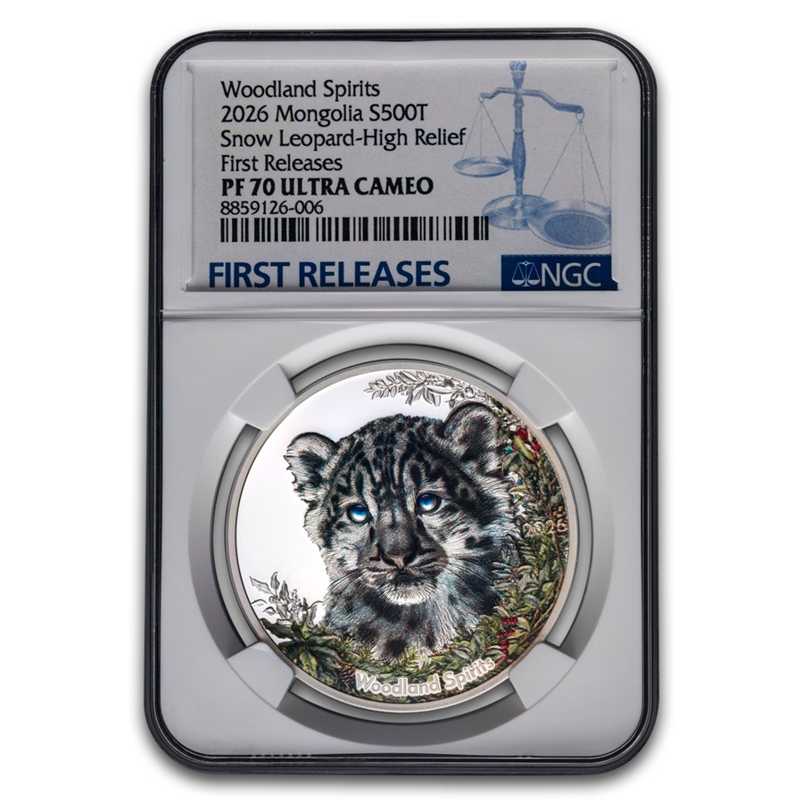 2026 Mongolia 1 oz Ag Woodland Spirits: Snow Leopard PF-70 NGC FR