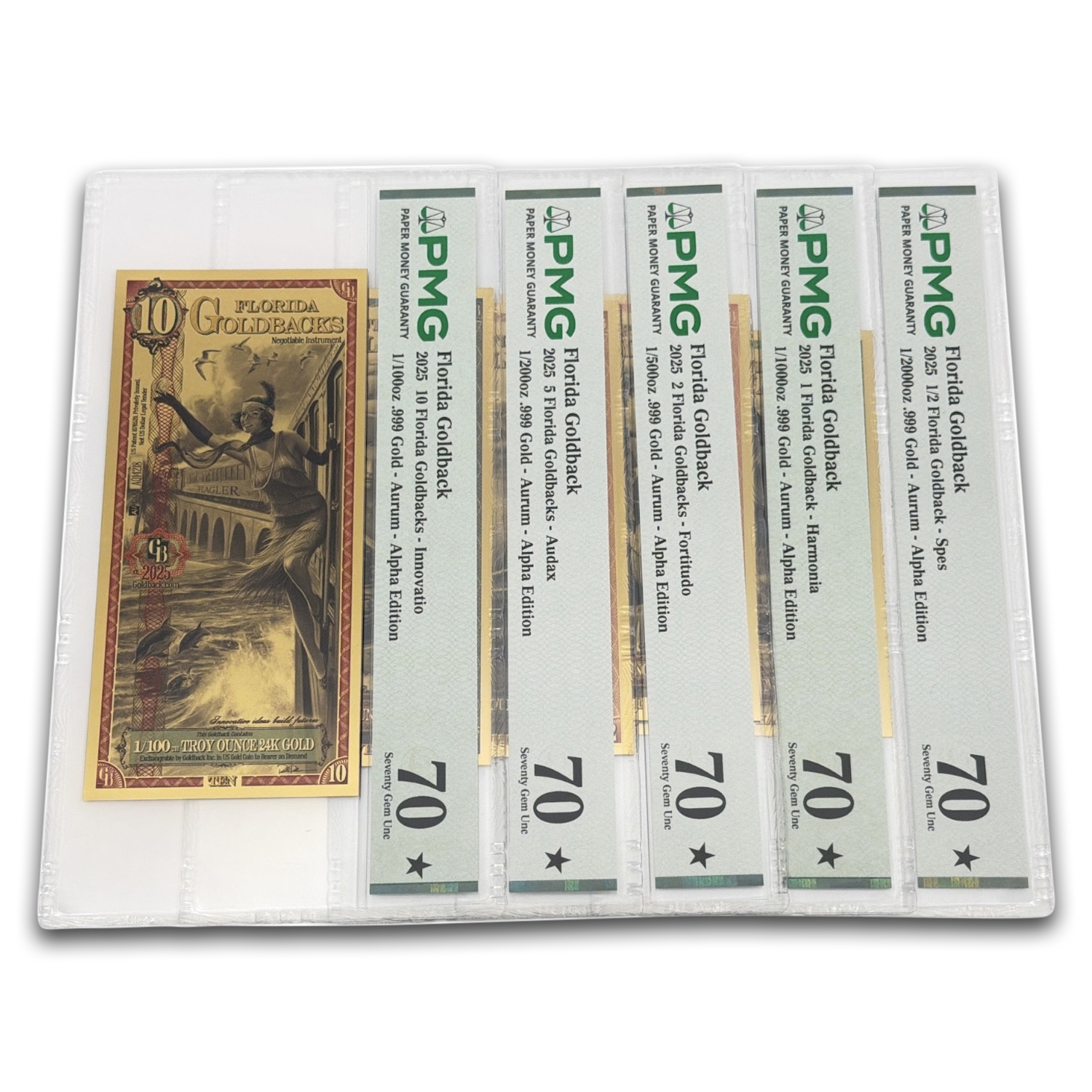 2025 Florida Goldback 5-Note Alpha Starter Set PMG 70 (1/2-10)