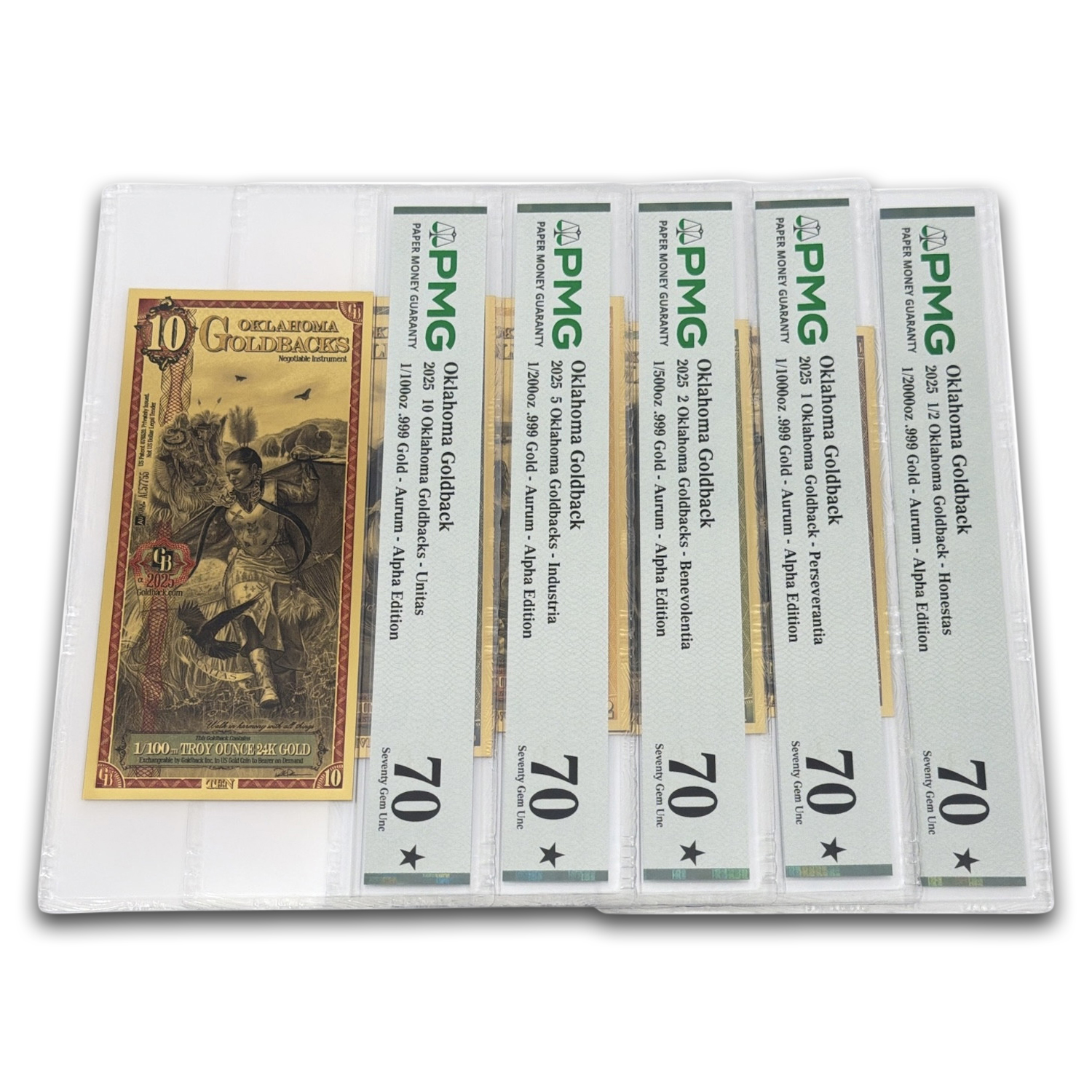 2025 Oklahoma Goldback 5-Note Alpha Starter Set PMG 70 (1/2-10)
