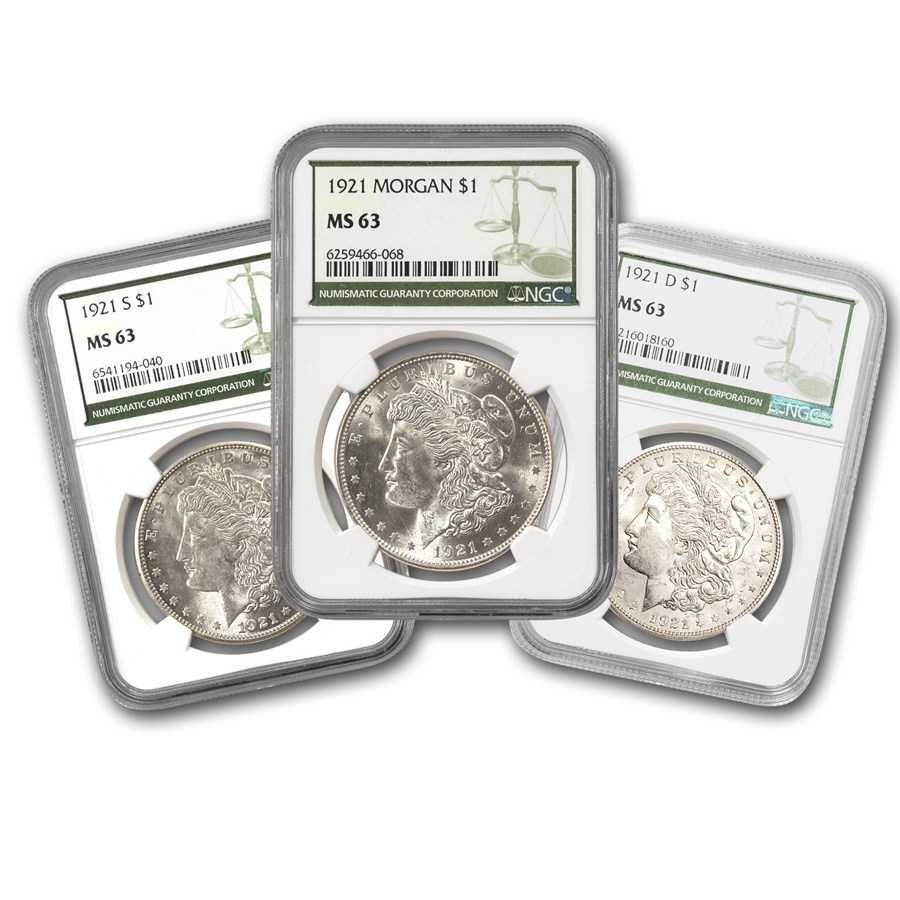 1921 Morgan Dollar 3 Coin P, D & S Set MS-63 NGC (Green Label)