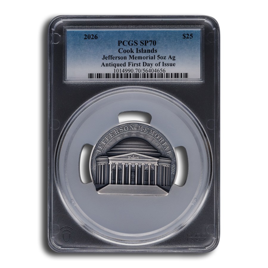 2026 Cook Isl 5 oz Ag Antique Jefferson Memorial SP-70 PCGS FDI