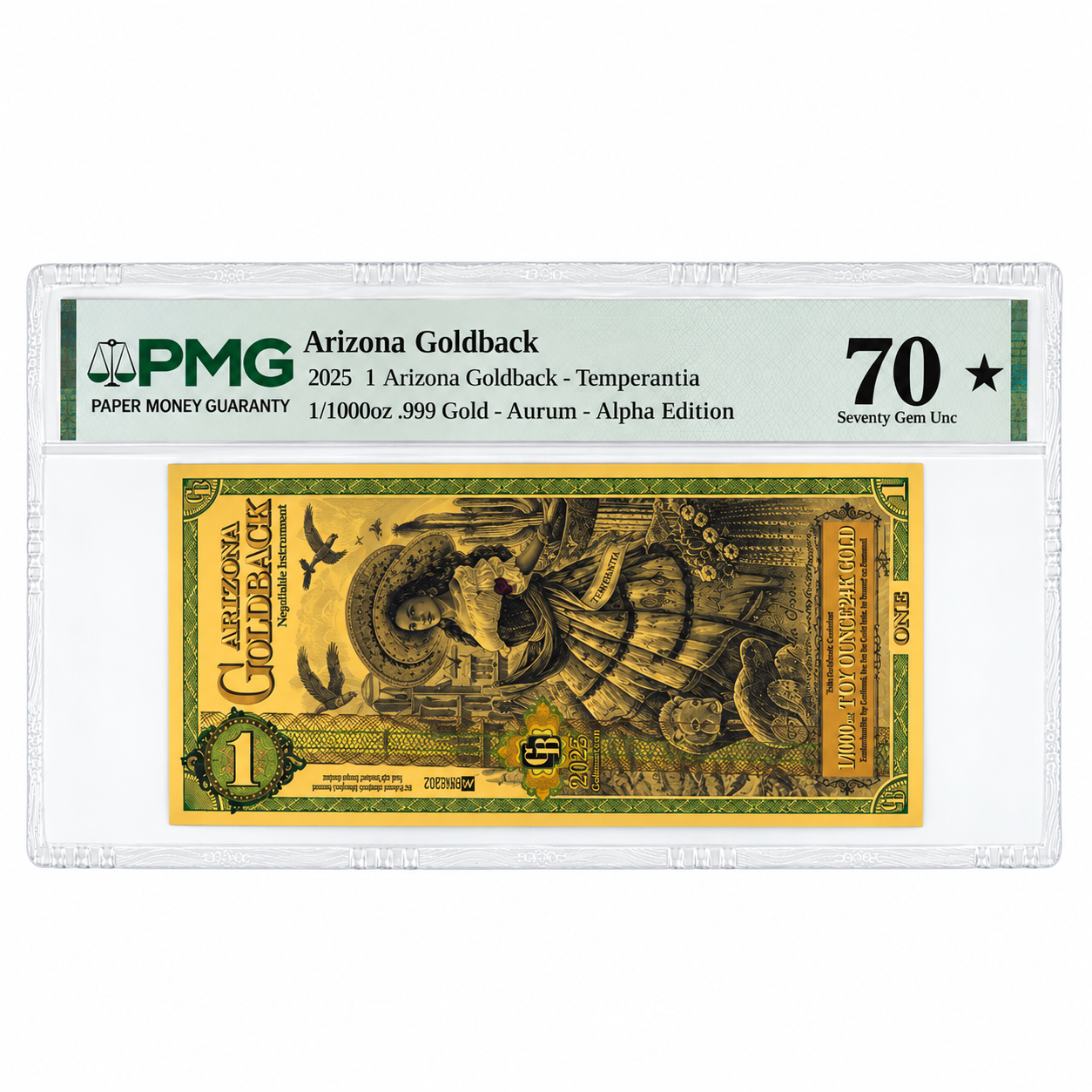 2025 1 Arizona Goldback - Aurum Gold Foil Note (24k) PMG 70