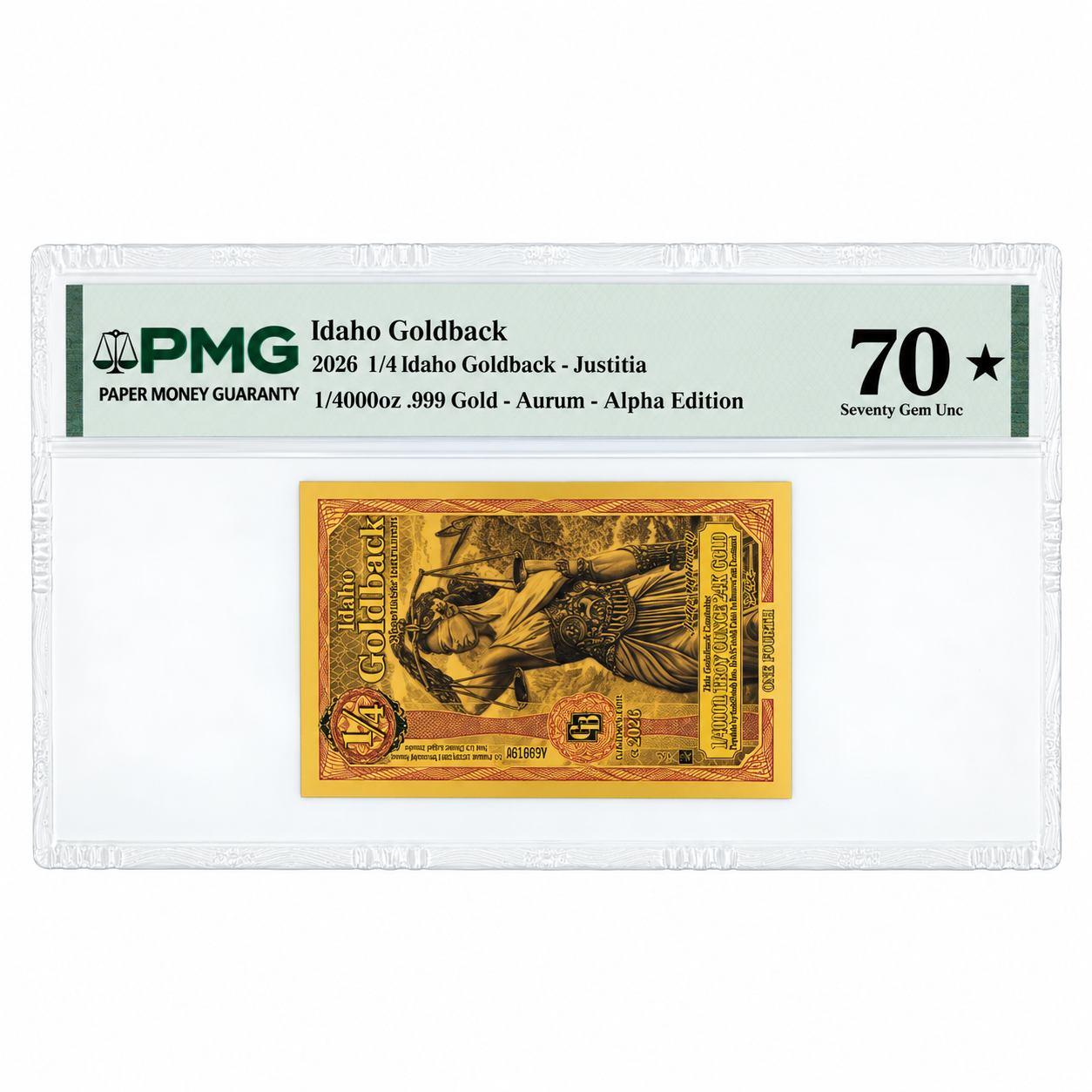 2026 1/4 Idaho Goldback - Aurum Gold Foil Note (24k) PMG 70