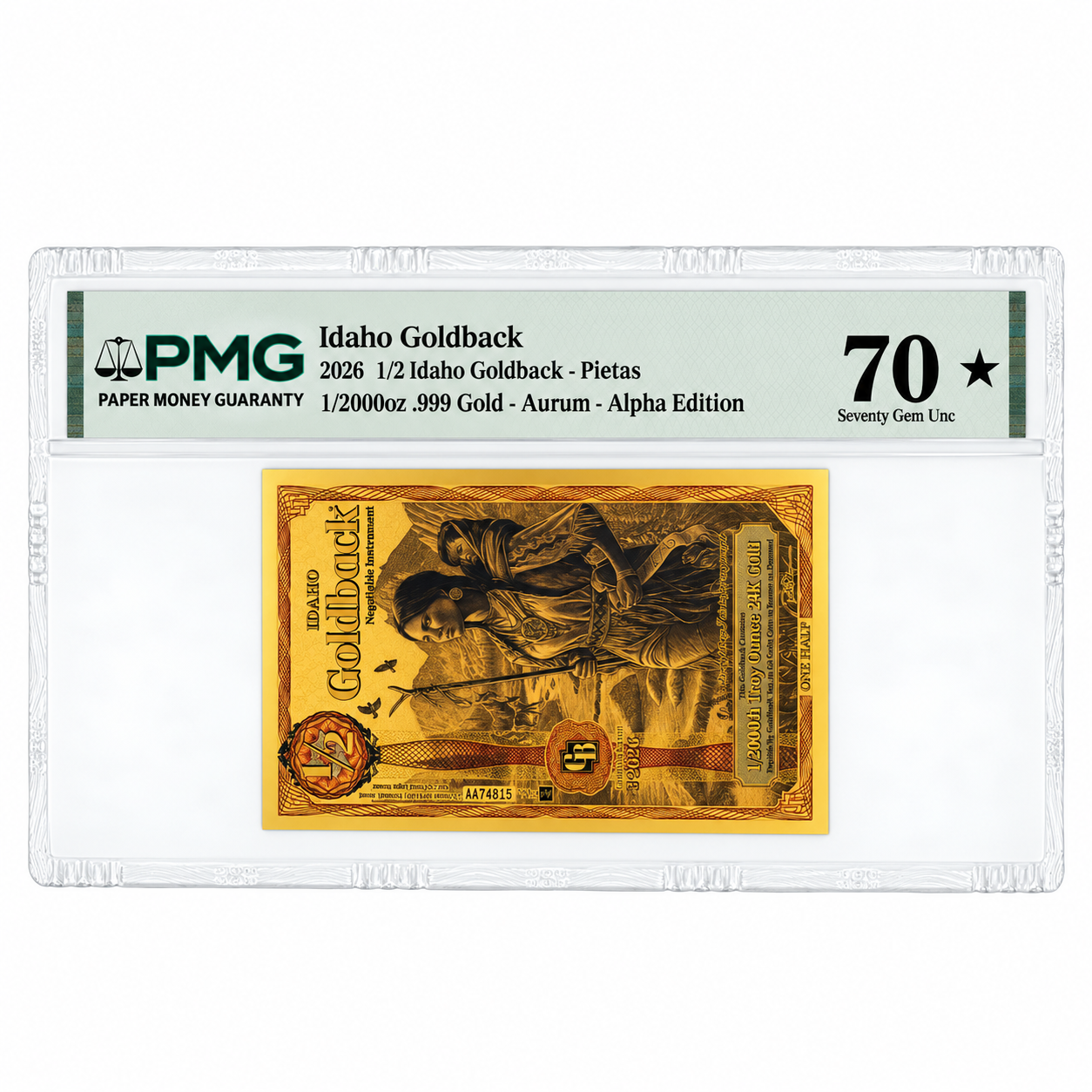 2026 1/2 Idaho Goldback - Aurum Gold Foil Note (24k) PMG 70