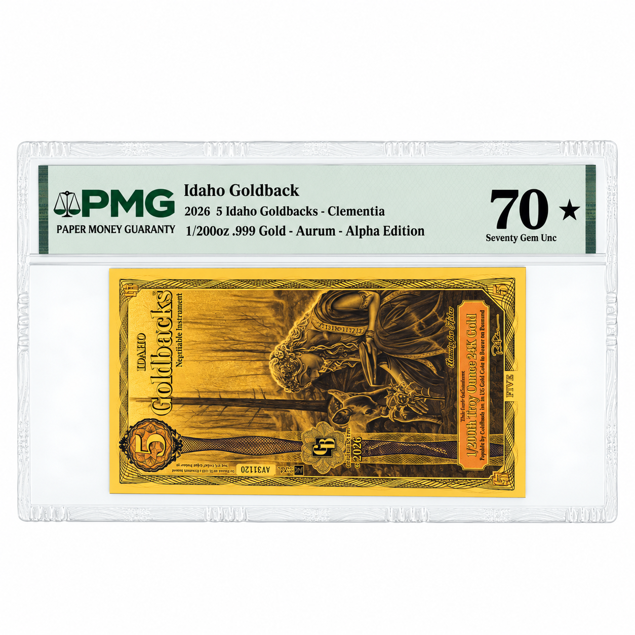 2026 5 Idaho Goldback - Aurum Gold Foil Note (24k) PMG 70