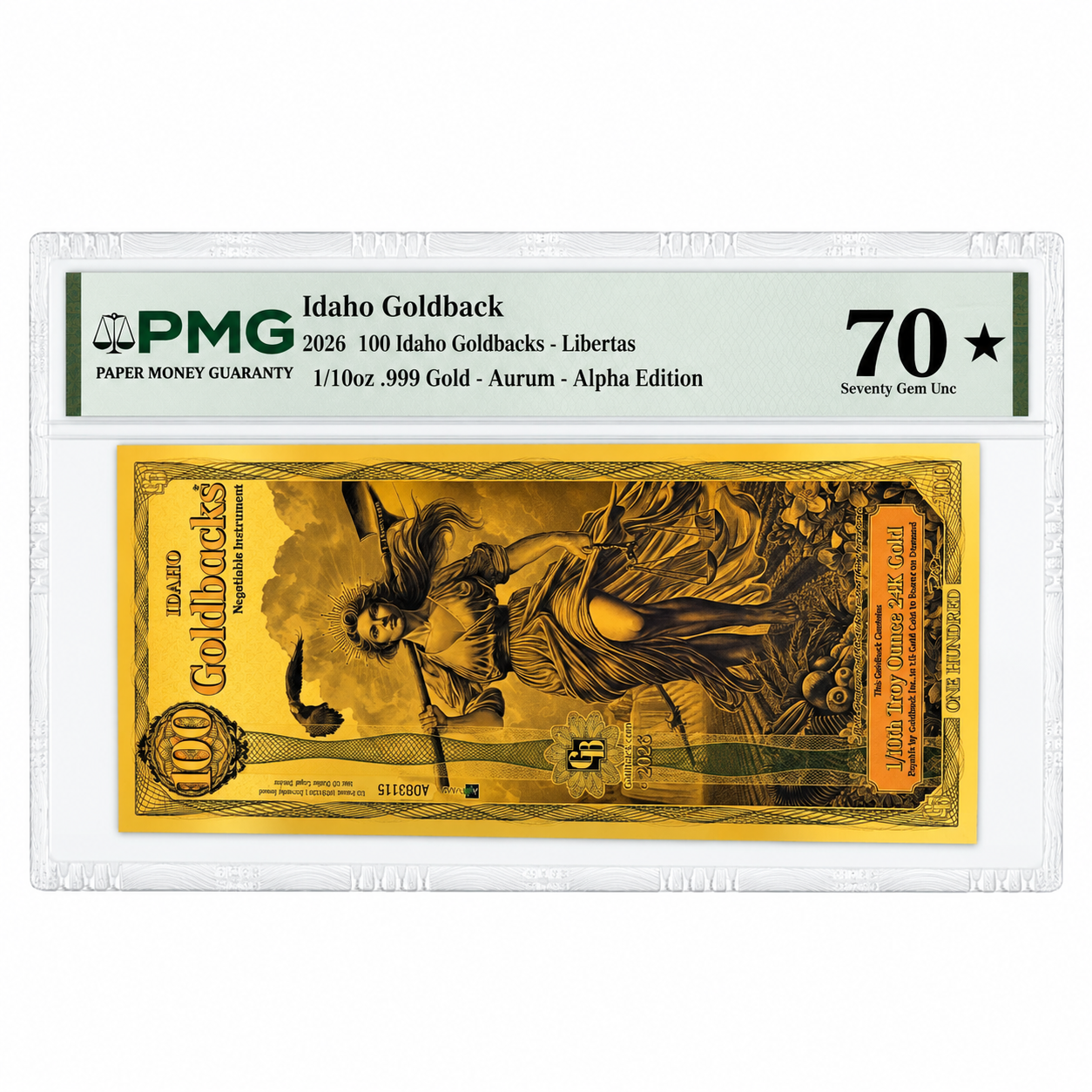 2026 100 Idaho Goldback - Aurum Gold Foil Note (24k) PMG 70