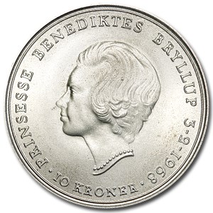 1968 Denmark Silver 10 Kroner Royal Wedding BU