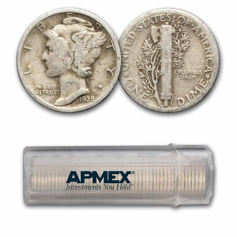 1928 Mercury Dime 50-Coin Roll Avg Circ