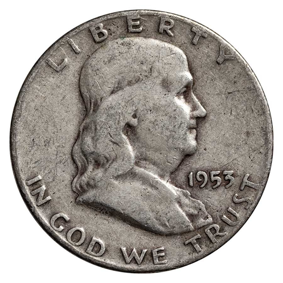 1953-S Franklin Half Dollar 20-Coin Roll Avg Circ