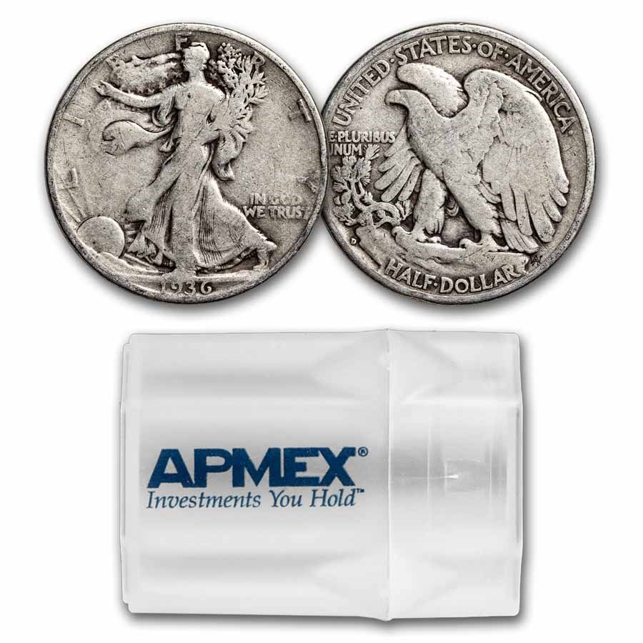 1936-D Walking Liberty Halves 20-Coin Roll Avg Circ