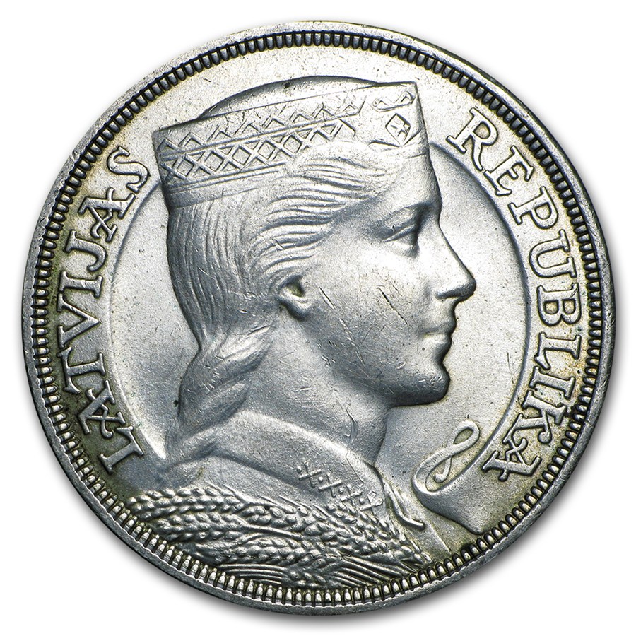 1929-1932 Latvia Silver 5 Lati Avg Circ