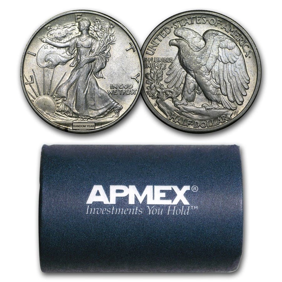 90% Silver Walking Liberty Halves $10 20-Coin Roll AU 90% Silver Walking Liberty Halves $10 20-Coin Roll AU