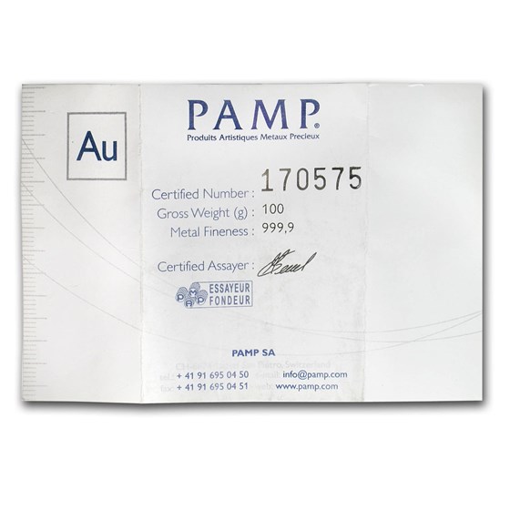 100 gram Gold Bar - PAMP Suisse (Cast, w/Assay)